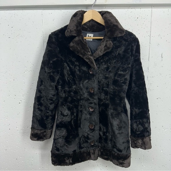 Vintage BN Blanc Noir size Small Black and Brown Faux Fur Mid Length Coat - Picture 1 of 15
